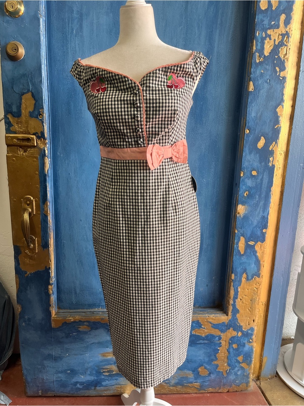 Gingham Midi Dress with Pink Trim and Bow